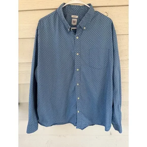 GAP Untucked Button Down Shirt XXL Blue Print Casual Long Sleeve Cotton - Picture 2 of 6